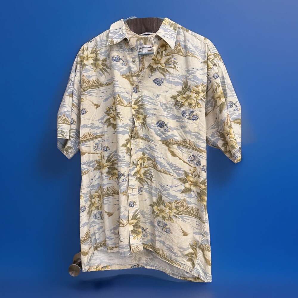 Pierre Cardin Hawaiian Shirt Floral Fish Mountains Print Button-Up L Surf Beach